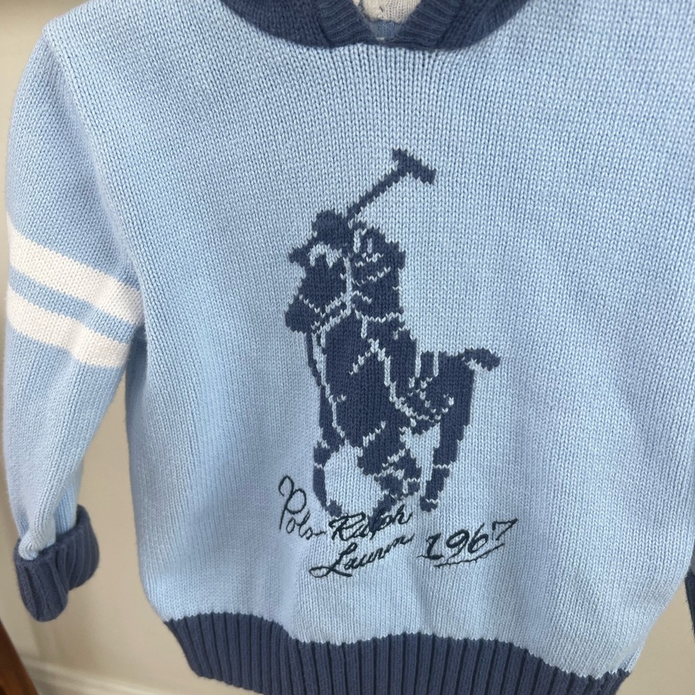 Ralph Lauren Light Blue Knit Hoodie with Navy Polo Logo - Toddler Boy 24 Months - Picture 2 of 8